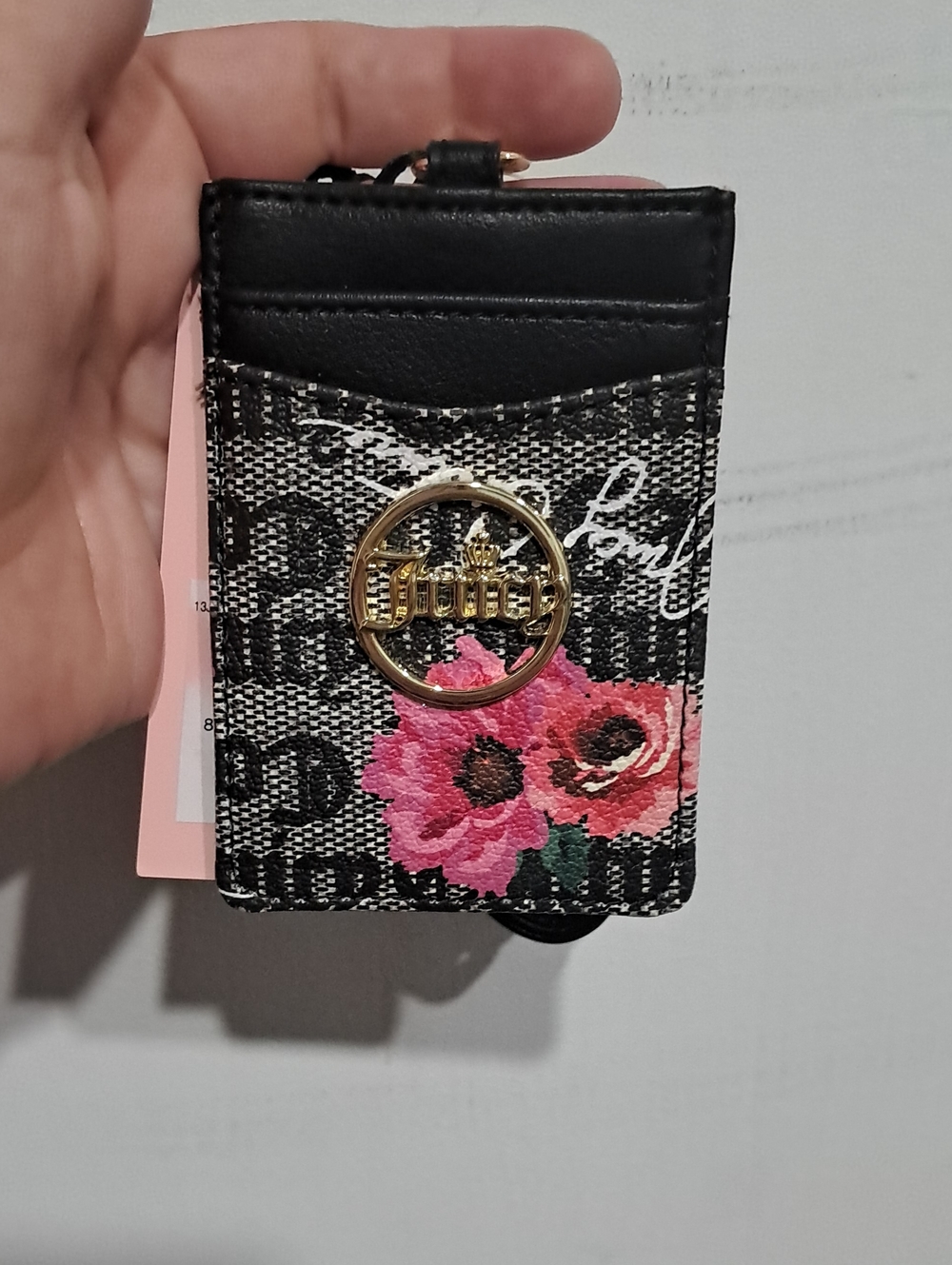 Juicy Couture Black Floral Card & Key Holder with Gold Logo Ring